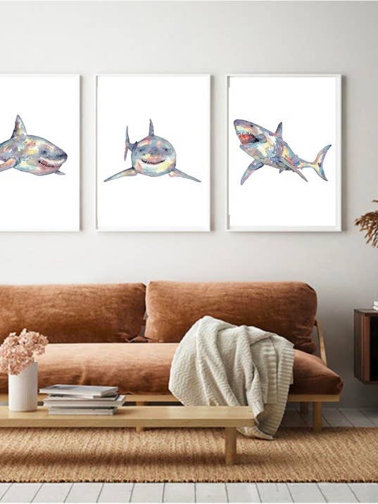 Set of 3 Shark Watercolor Painting Print for wholesale by Goodfairyart