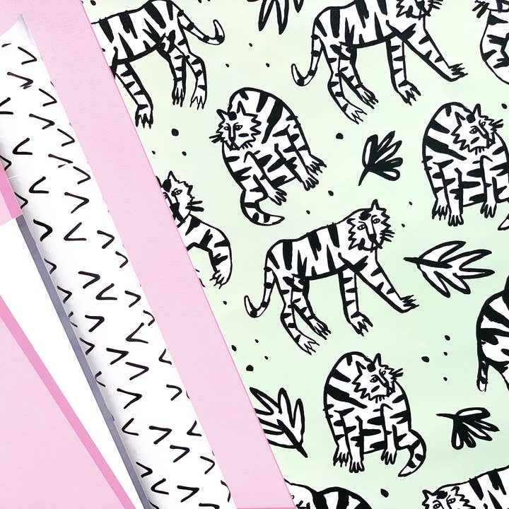 Hooray All Day - Wholesale Flat Wrap - Wild Cats - Mint - Tiger Wrapping Paper / Gift Wrap Sheet