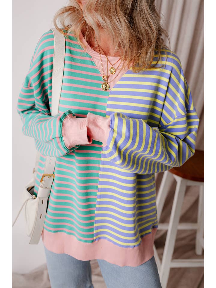 Aapparella - Wholesale Sweatshirt - Women's - Colorblock Striped Oversize Sweatshirt | S-2XL