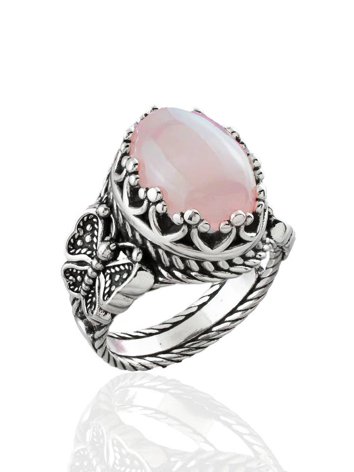 Filigree Art Double Butterfly Detailed Rose Quartz Gemstone Women Sterling Silver Statement Ring for wholesale by Filigranist Jewelry