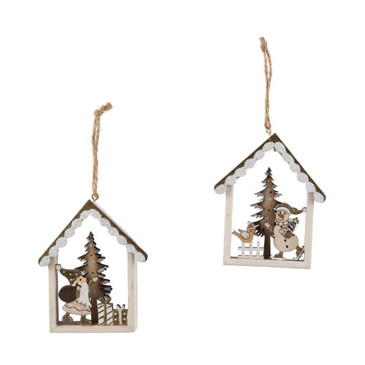 A35696: 2 Asst wd house orn,nat&cream Santa,gld,3in for wholesale by Silver Tree Home & Holiday