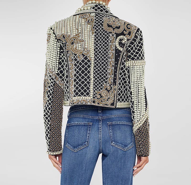 Schwarz JK133Y Luxuriöse, handbestickte Kurzjacke mit Perlen und Diamantverzierung für den Großhandel auf Faire7