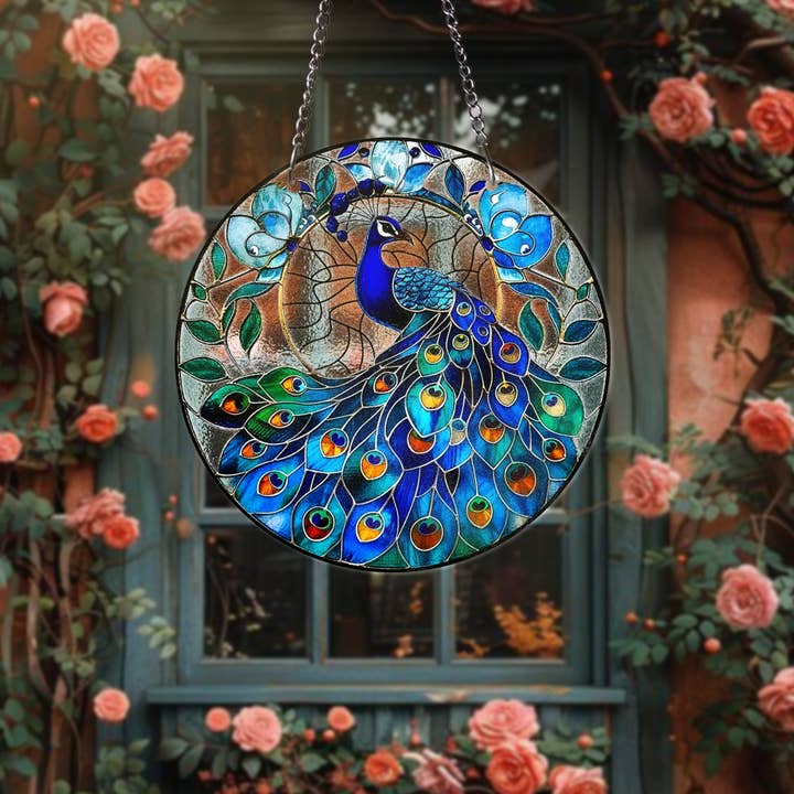 Merchemy - Wholesale Wall Decor - Kids & Baby - Peacock STAINED GLASS SunCatcher Elegant Bird Window Hanging6