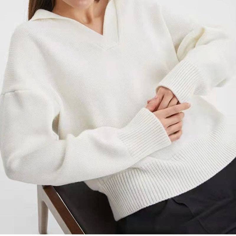 Sweetkama - Wholesale Knit Sweater - Women's - Ladies Solid Color V-Neck Knit Sweater YL23493