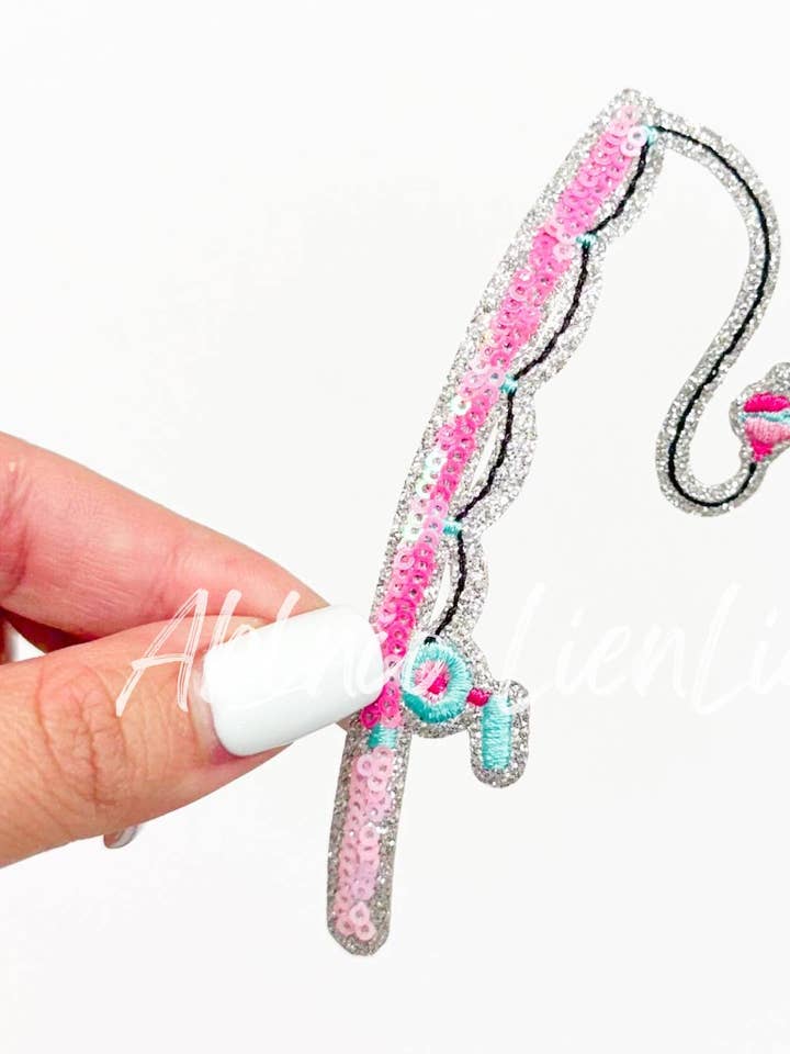 Preppy Pink Glitter Fishing Rod ©️ Sequin Patch for wholesale by ABLNco