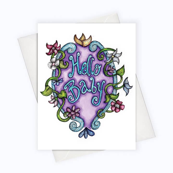 FLOWERY BABY CARD | Hello Baby Card for wholesale by About A Cloud Stationery & Gifts
