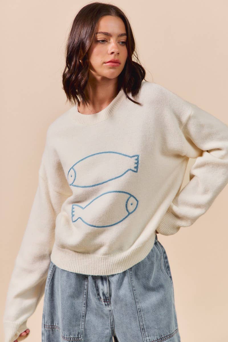 IVORY Loose Fit Fish Embroidered Sweater Top for wholesale on Faire2