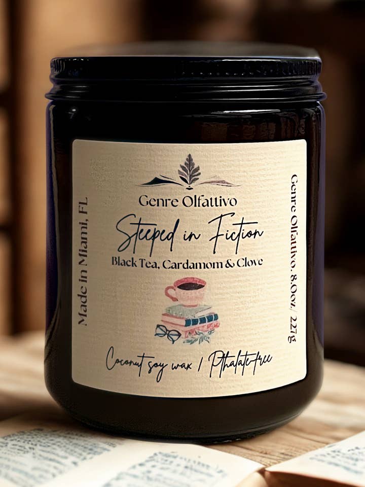 Steeped in Fiction: Bookish Candle 8oz Amber Jar for wholesale by Genre Olfattivo