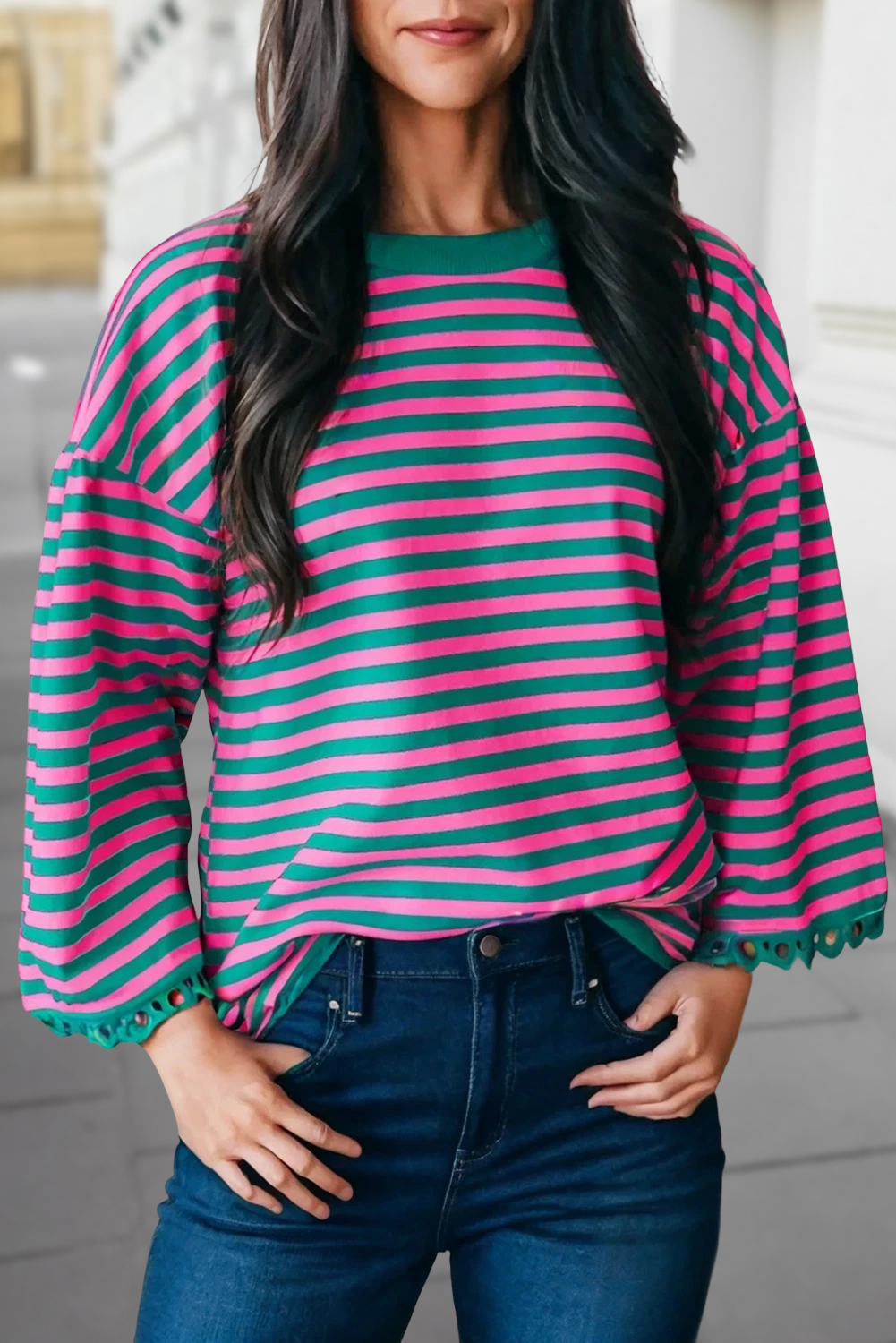 Aapparella - Wholesale Blouse - Women's - Stripe Ric Rac Trim 3/4 Sleeve Loose Top | S-XL2