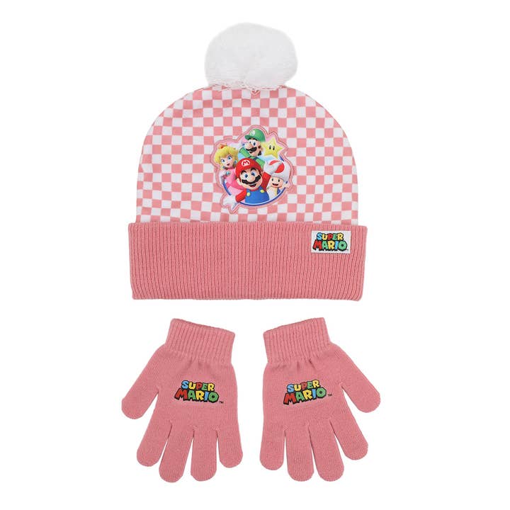 Super Mario Bros Character Circle Youth 2-Piece Cuff Beanie & Magic Gloves Set for wholesale by Bioworld Merchandising