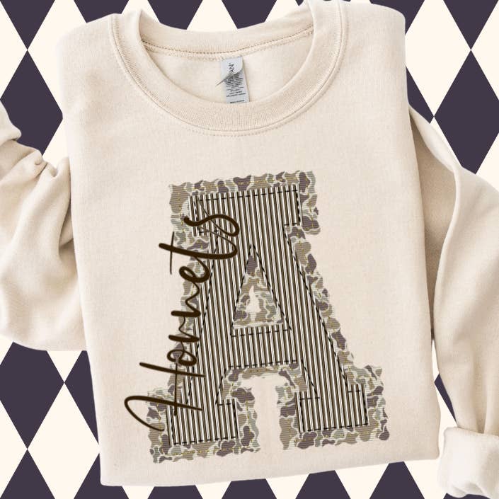 Camo Prepster Letter T-Shirt Sweatshirt | Game Day Spirit Wear | Team Spirit | Custom Mascot Apparel for wholesale by 4Twenty4 Printed Apparel