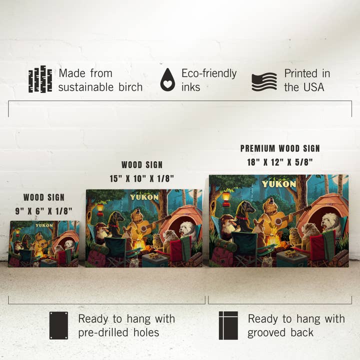 Lantern Press - Wholesale Wood Wall Art - WOOD SIGN ART Yukon, Pack Life, Dogs Around Campfire6