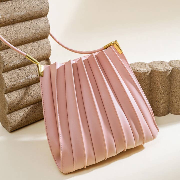 Melie Bianco - Wholesale Shoulder Bag - Women's - Carrie Blush Pleated Vegan Shoulder Bag
