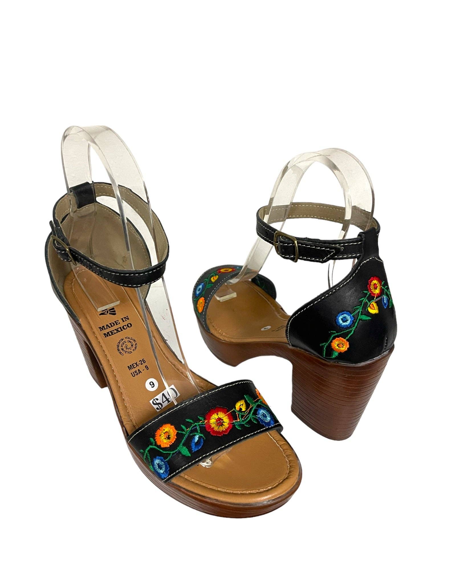 Cielito Lindo - Wholesale Sandals - Women's - Arumi Leather Floral Embroidered Heels Black4