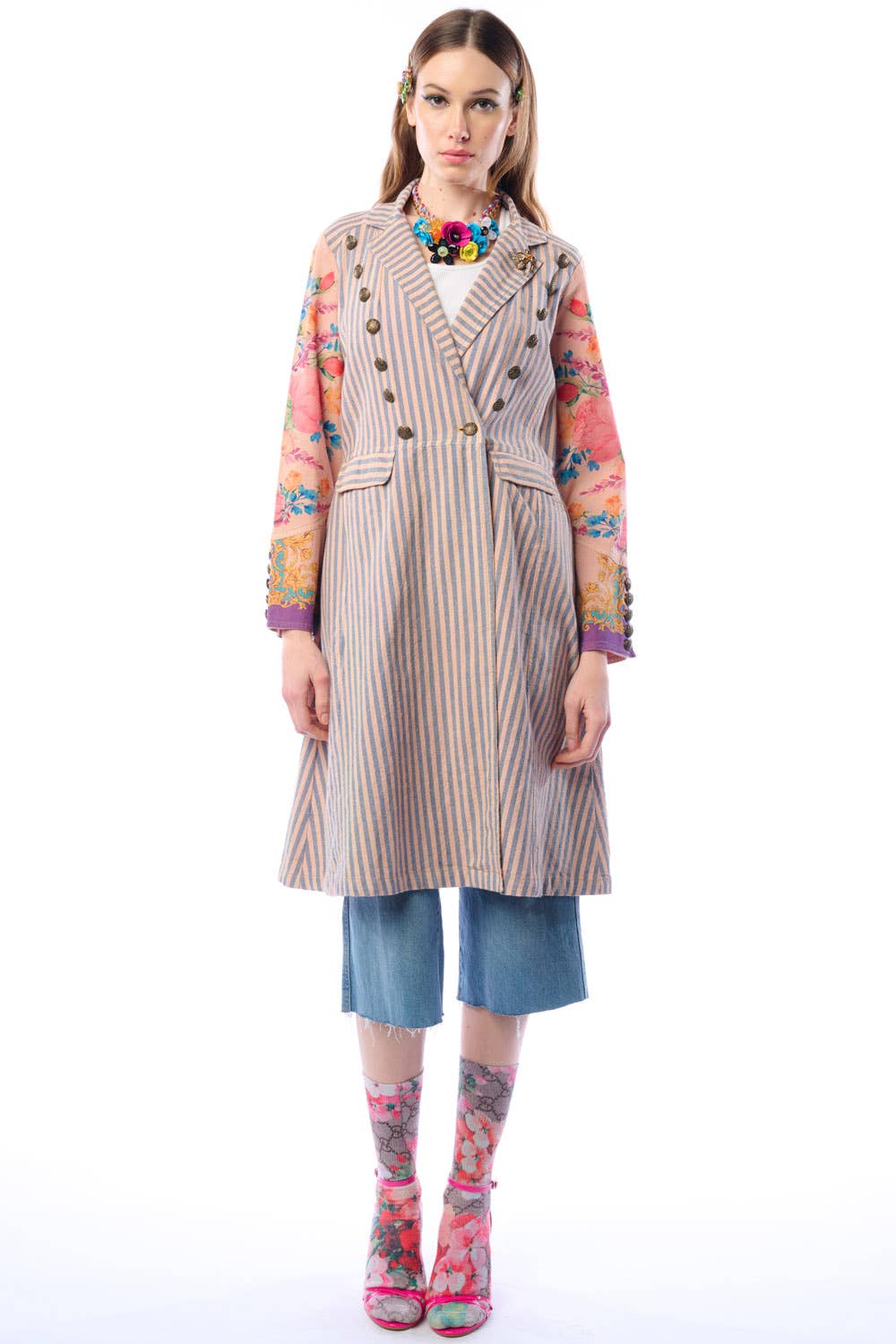 Tevask/Blå Striber Combo Sømandens Kærlighedsfrakke | Stribet Lang Frakke | Blomstret Ærmefrakke for engroshandel på Faire7