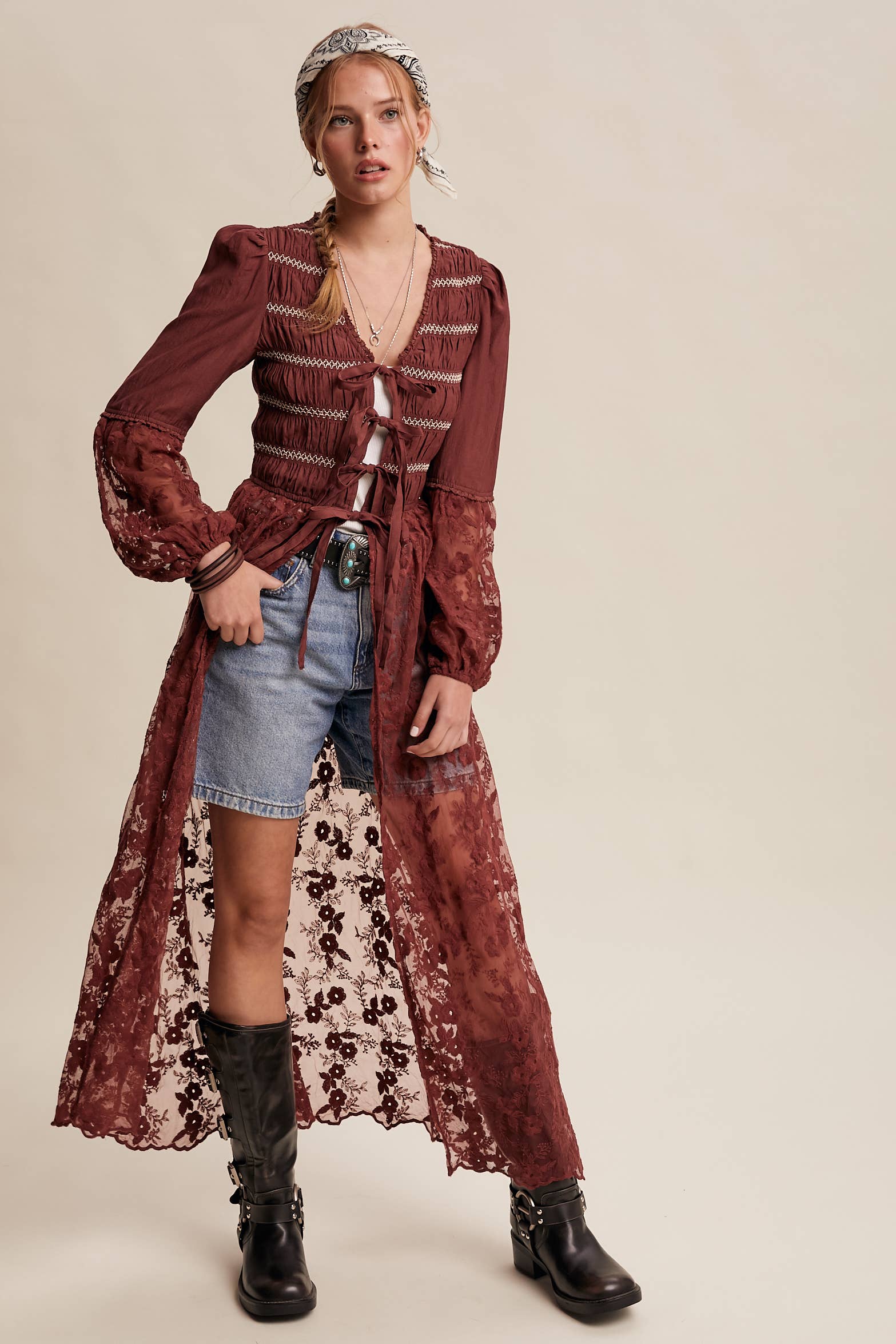 Listicle - Wholesale Kimono - Women's - Lace-Up Embroidered Maxi Kimono LJ026115