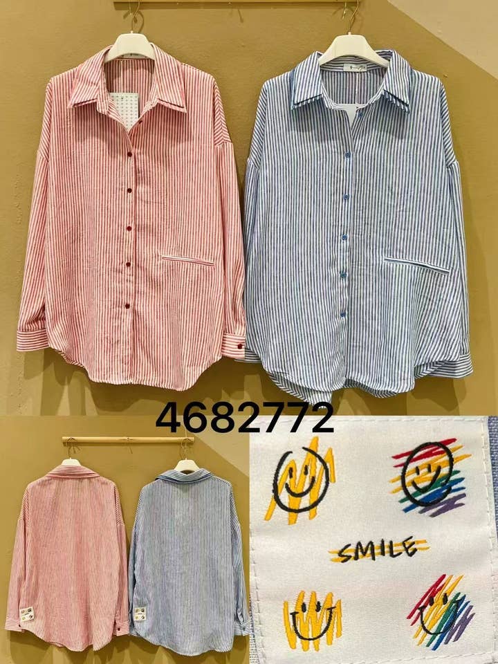 Camisa oversize a rayas con doble cuello y detalles de sonrisa para venta al por mayor de Chilli Girl Collection