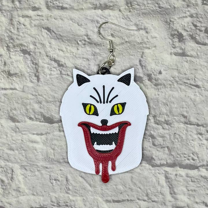Cryptid Craft Studio - Wholesale Dangle Earrings - Hausu White Cat Horror Statement Earrings 3D Printed1