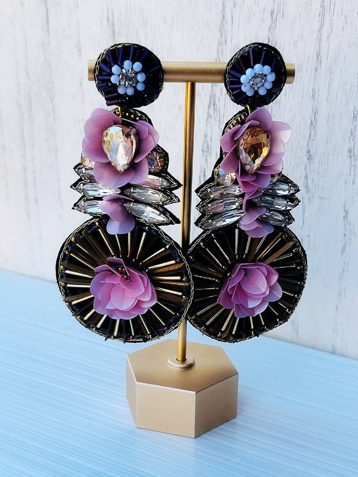 Floral Purple and Pink Beaded Statement Earrings/ flowers for wholesale by The Pearled Panther