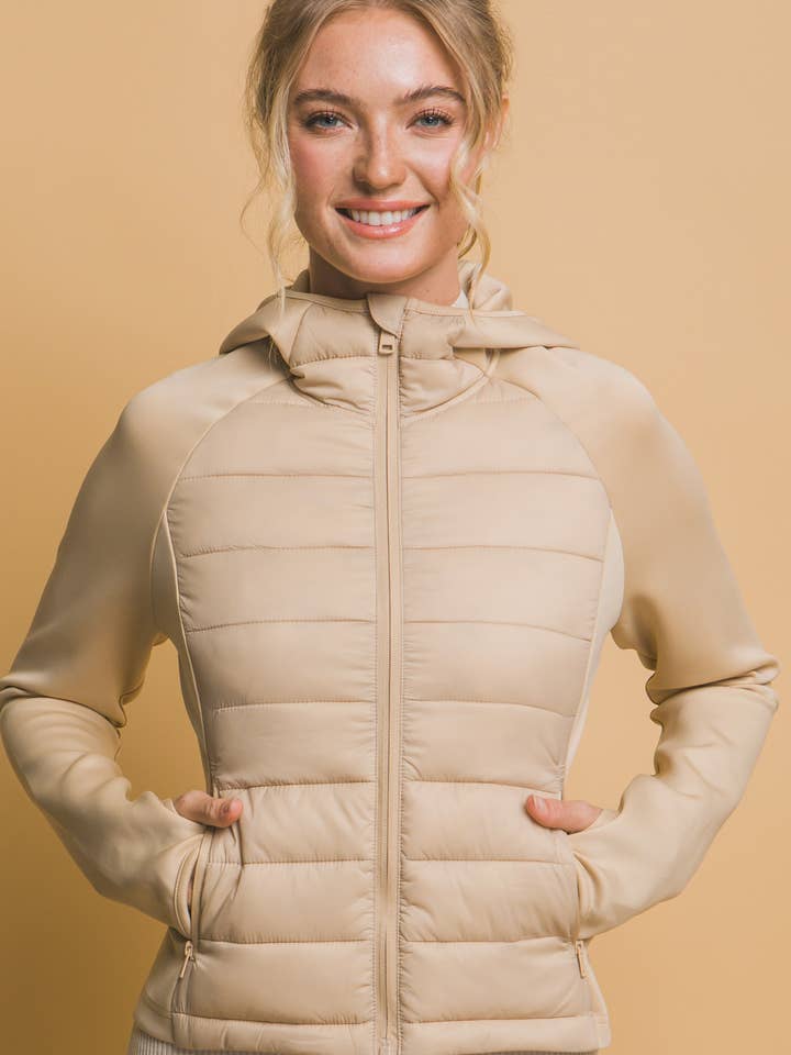 KHAKI PADDED ZIP UP THUMB HOLE SLEEVES WINTER JACKET for wholesale on Faire