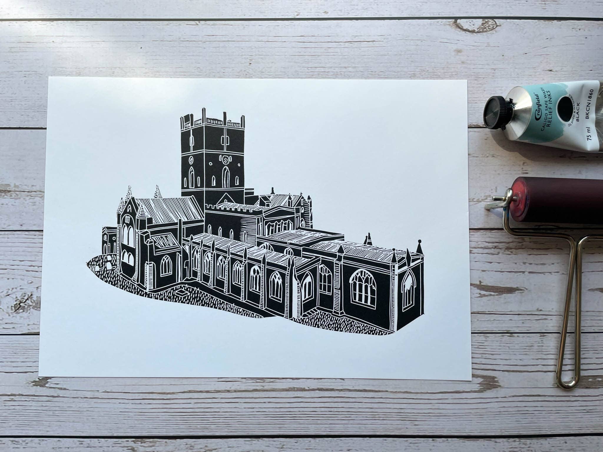 Georgina Doodles - Wholesale Art Print - St Davids Cathedral A4 Lino Print | Welsh Church Art Linocut6
