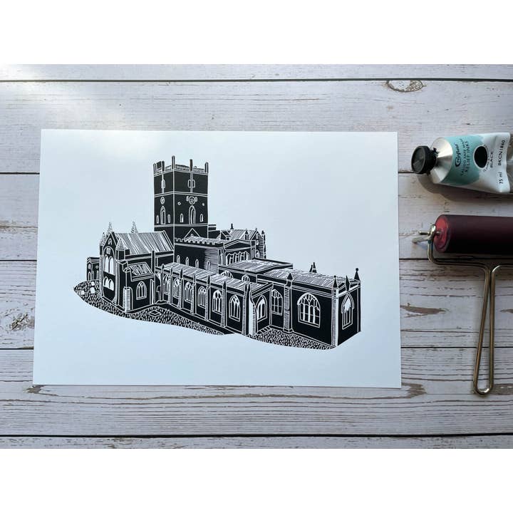 Georgina Doodles - Wholesale Art Print - St Davids Cathedral A4 Lino Print | Welsh Church Art Linocut6