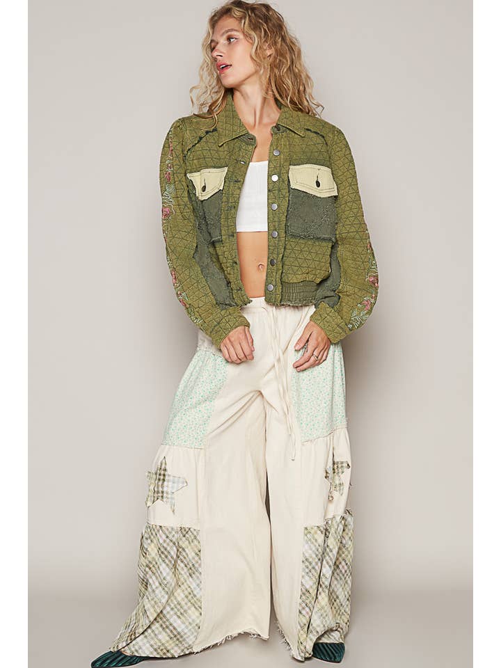 Pol Clothing - Wholesale Jacket - Women's - Vintage washed embroidered sleeve quilted jacket
