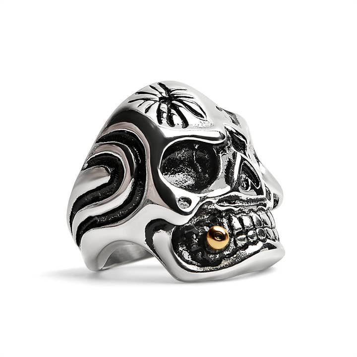 WJW – wholesale Cocktail/statement ring – Stainless Steel Skull Smoking 18K Gold PVD Coated Cigar And Single CZ Eye Ring