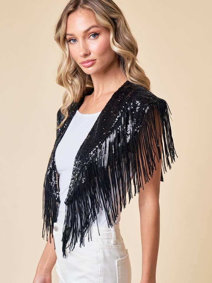 Saints & Hearts - Venta al por mayor Chaleco de abrigo - Mujer - BUFANDA O CHAL NEGRO CON LENTEJUELAS CON FLECOS NAVIDEÑOS, MODELO SIJ5270A3