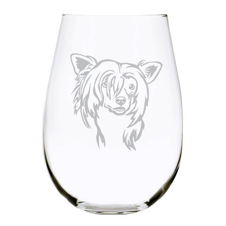 Chinese Crested (C2) themed dog stemless wine glass, 17 oz for wholesale by C&M Personal Gifts