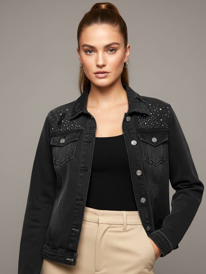 14988-1 Stardust Black Denim Jacket for wholesale by LTX Sportswear