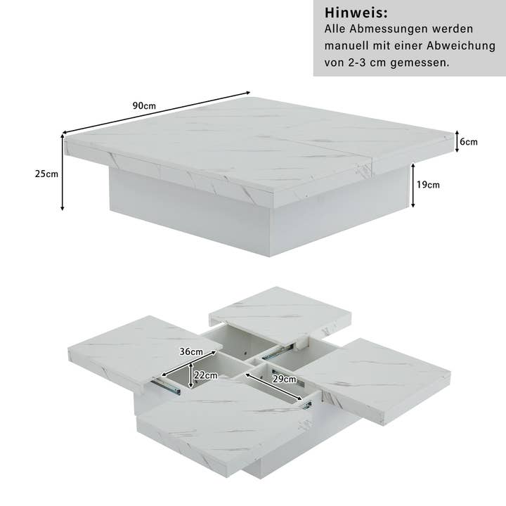 Urban Meuble - Wholesale Side Table - Modern white square coffee table with marble effect, 4 drawers, sliding top 90x90x25cm KHEKRIED46