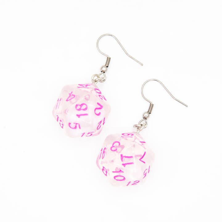 Tabletop Dominion Limited - Wholesale Dangle Earrings - D20 Dice Earrings | Clear with Pink Font | D&D Jewelry