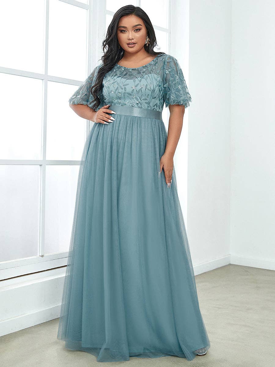 Ever-Pretty - Vente Robe de soirée – femme - Robe de soirée grande taille à imprimé pailleté avec manches courtes volantées5