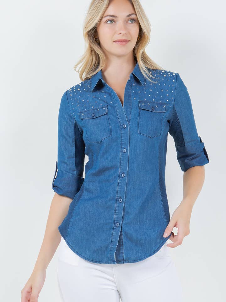 Rhinestone Embellished Button Down Chambray Top for wholesale by Veracci