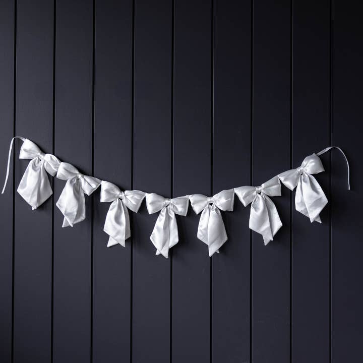 Bow Garland White Satin Fabric for wholesale by Luxe B Co