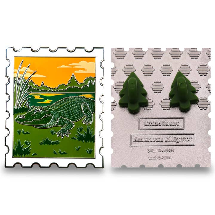 Pin Hive LLC - Wholesale Lapel Pin/Button - American Alligator Postage Stamp Enamel Pin1