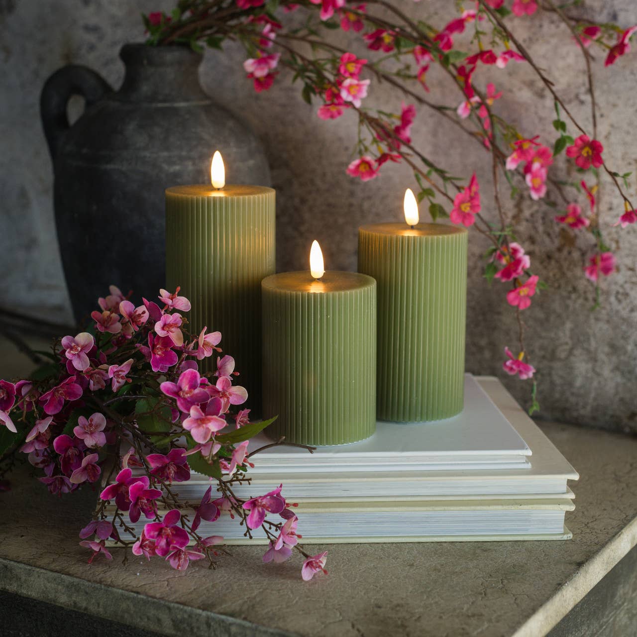 Ragon House - Wholesale Flameless Candle - 6" DARK GREEN GROOVED 3D FLAME CANDLE2