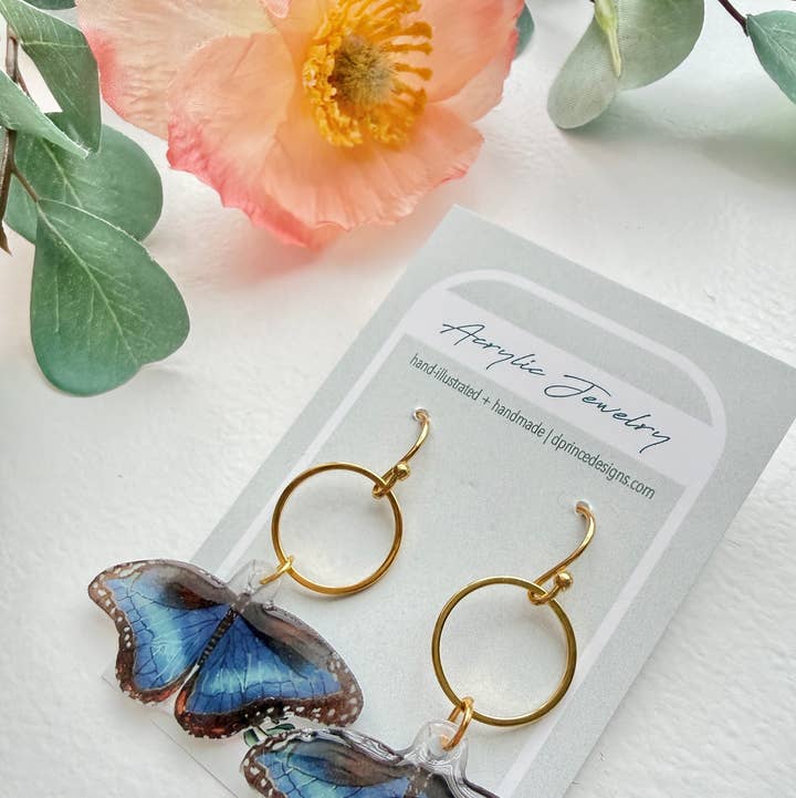 Handmade Acrylic + Resin Earrings | Blue Morpho Butterflies for wholesale by D. Prince Designs