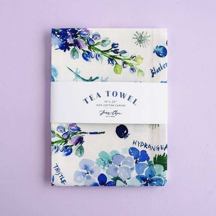 Botanical Rainbow (Blue) Flower Tea Towel. Floral Dish Towel for wholesale by Jean Choe Art & Design