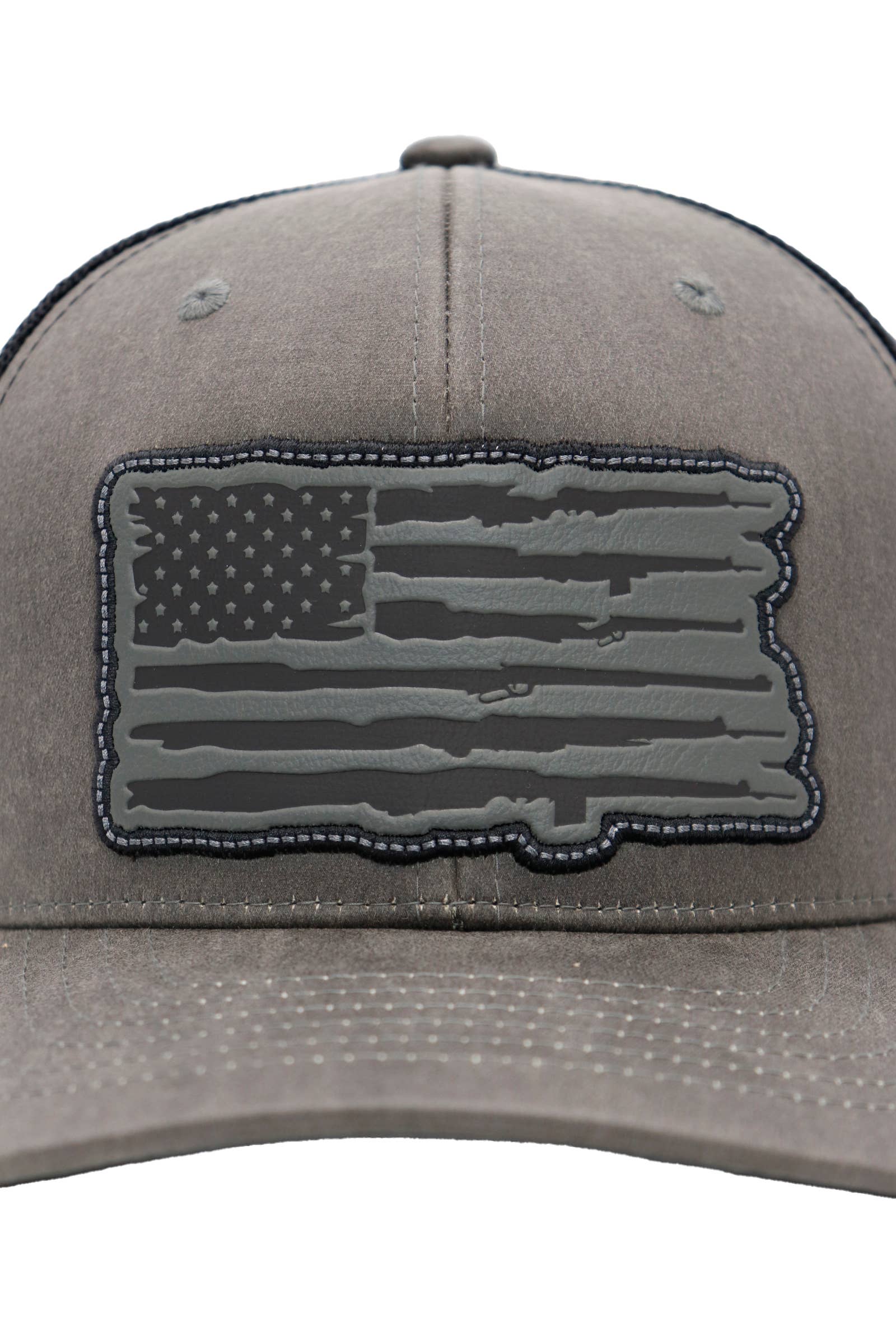 Cap Zone - Wholesale Trucker Hat - Unisex - Rifle American Flag Oiled Faux Leather Trucker Hat10