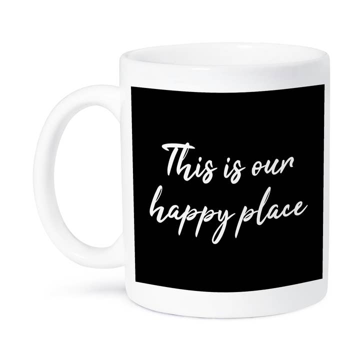 3dRose, This is our happy place. White script on a black background., Mug for wholesale by 3dRose