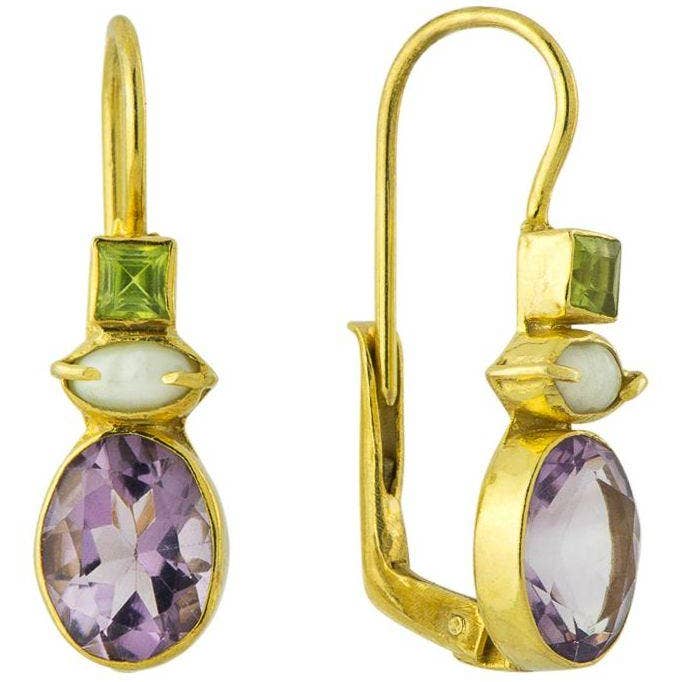 Westminster Amethyst, Pearl and Peridot Earrings for wholesale by BoneNE, LLC