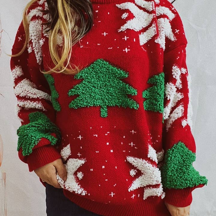 HIDDENBRAND - Wholesale Knit Sweater - Women's - Christmas tree jacquard pullover top