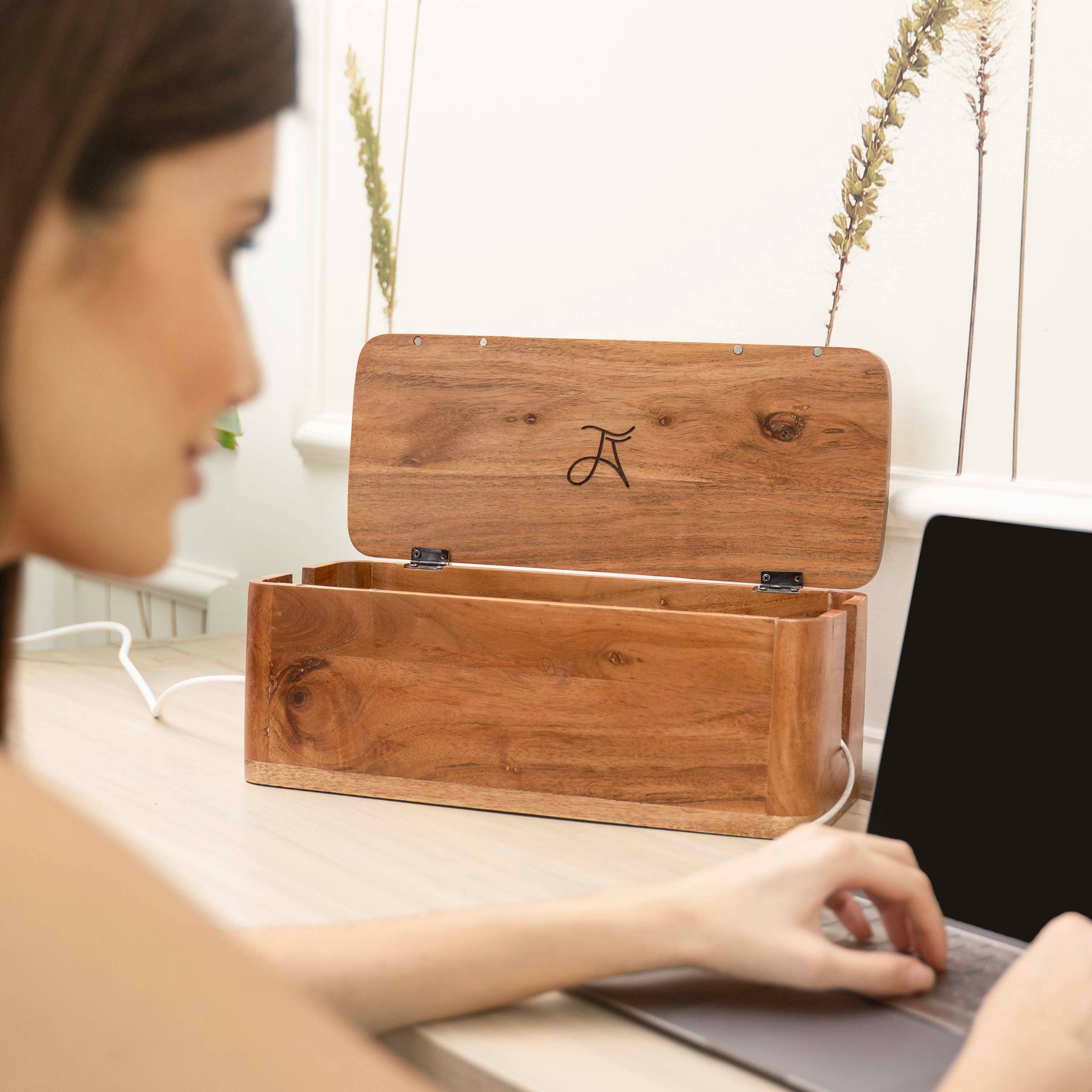 LuxeDesigns Co LLC – wholesale Desk organiser – Large Cable Management and Power Strip Box - Acacia Wood4