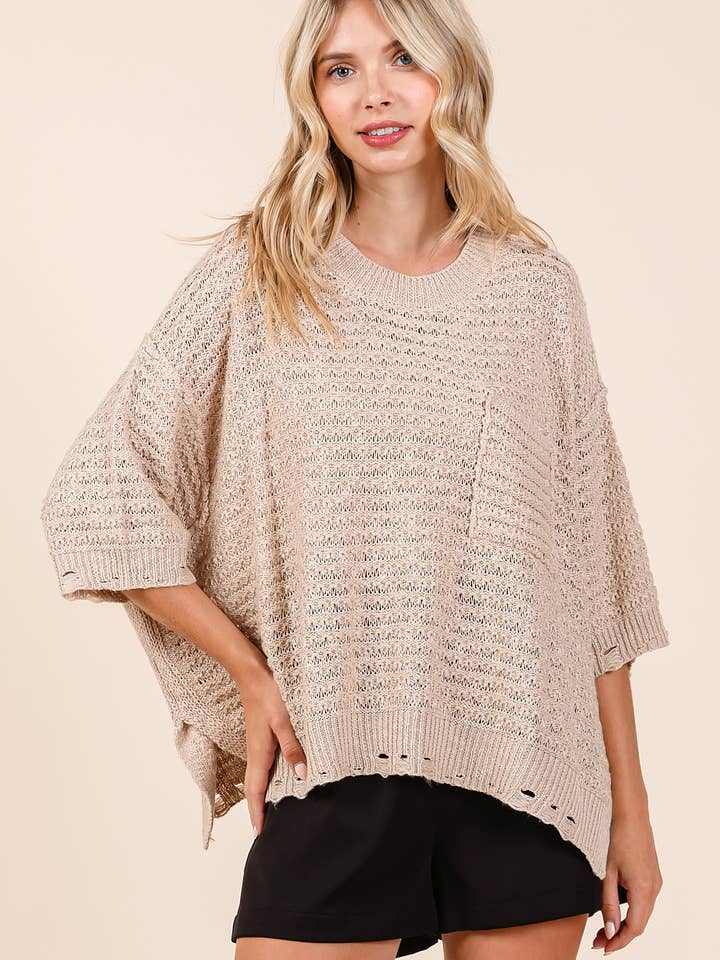 mittoshop - Wholesale Knit Sweater - Women's - DISTRESSED HEM SHORT SLEEVE LOOSE SWEATER KNIT TOP