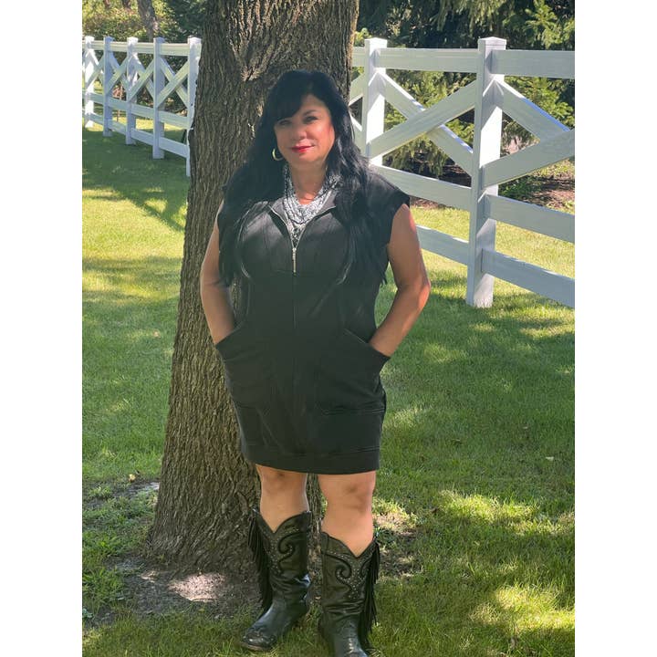 Black Quarter Zip Sweatshirt Dress w/ Pockets for wholesale by Anita Marie Apparel