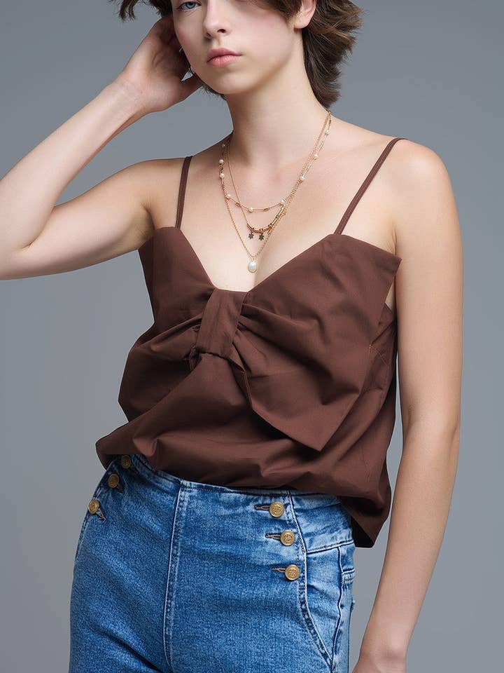 Chocolate Brown poplin crop top with bow detail for wholesale by Q2—All Orders:Free Duties for the US,UK,and Canada
