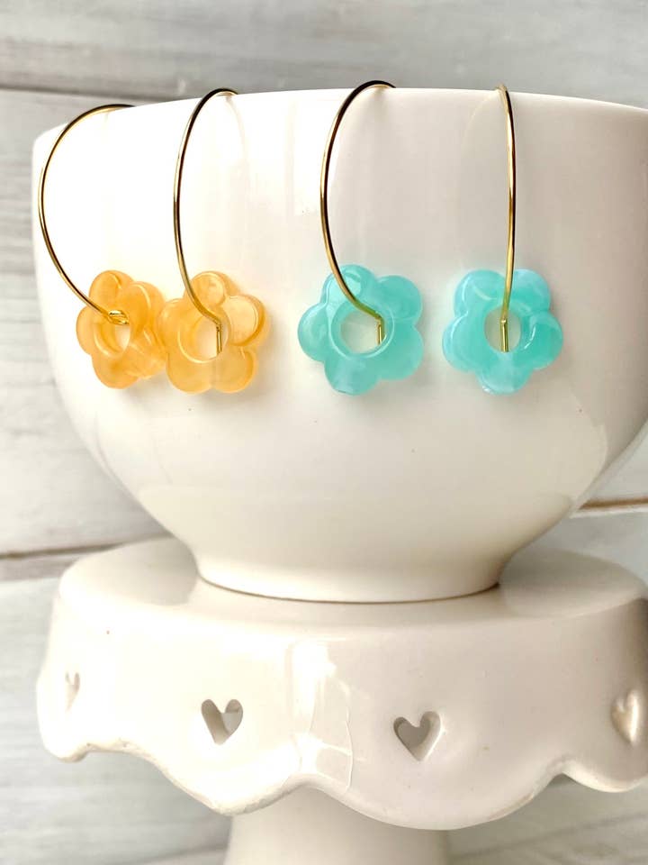 Flower Earrings Springtime Flower Hoop Orange Light Blue for wholesale by Red Truck Designs