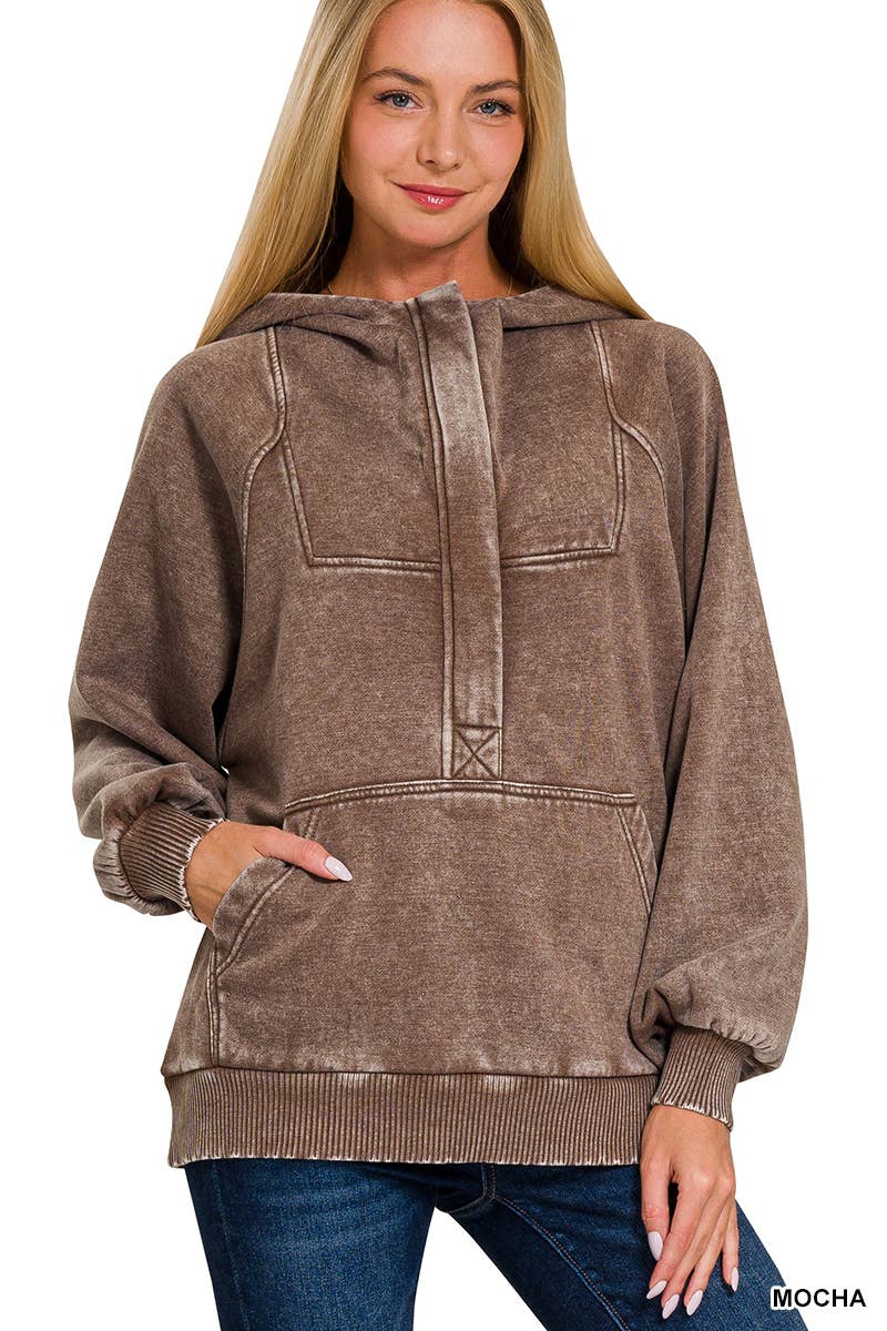 Vanilla Monkey - Vendita all'ingrosso Felpa con cappuccio - Donna - Felpa a marsupio oversize in pile Acid Wash con zip a 1/411